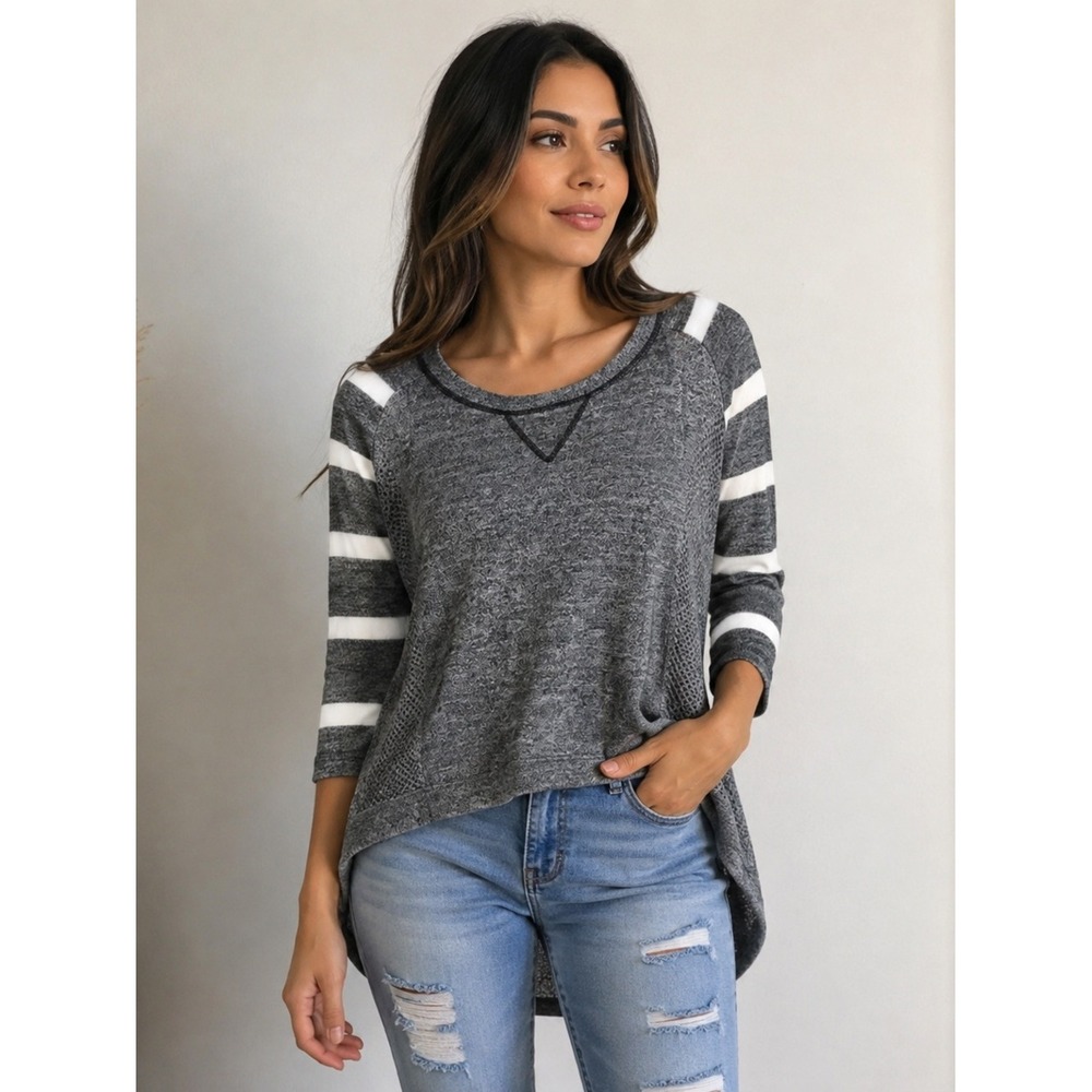 Poof! New York Grey Marl Striped High Low Knit Top Back Button Detail‎ Small